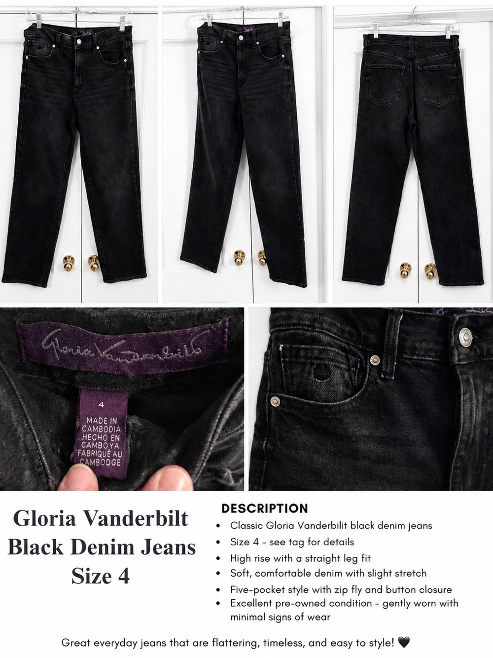 Gloria Vanderbilt Black Straight Leg Jeans Size 4 | High Rise Dark Wash Denim